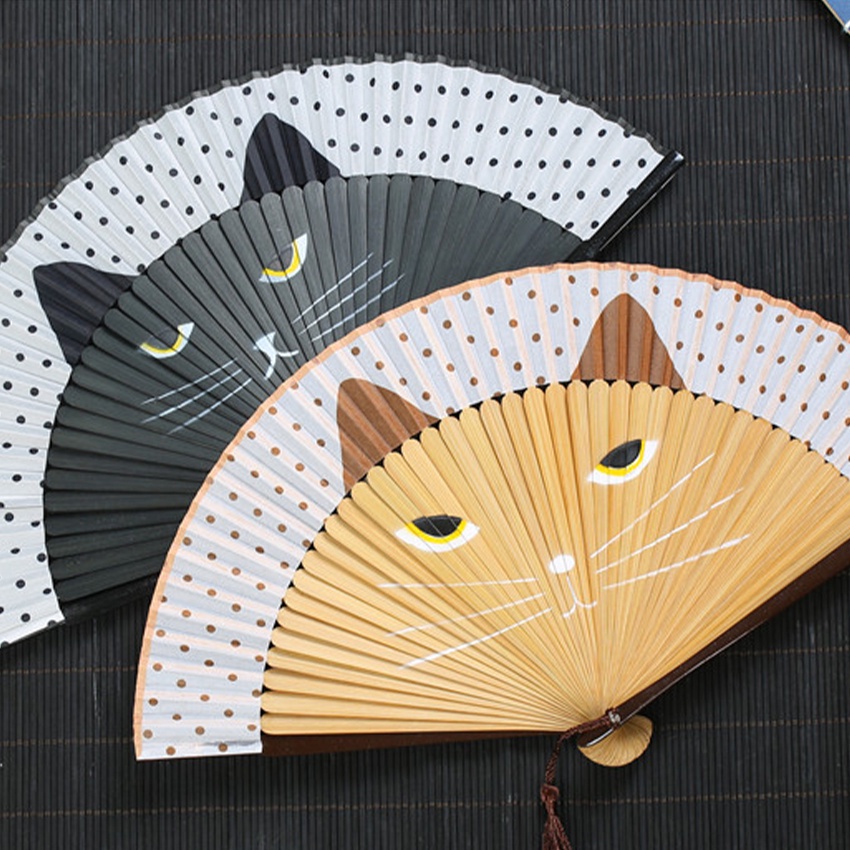 Kipas Tangan Lipat Kain Jepang Cina Motif Kucing Lucu Kado Kayu Kipas Menari