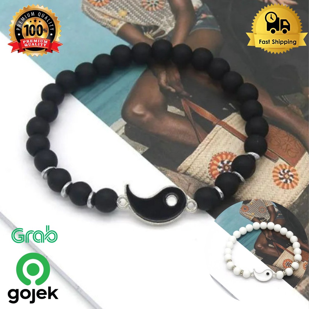 Gelang batu hitam putih lava stone asli howlite couple pasangan , gelang batu / gelang batu hitam / 