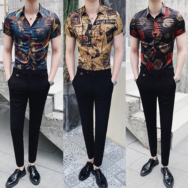 Printed short sleeved shirt, men's casual shirt, youth slim fit shirt