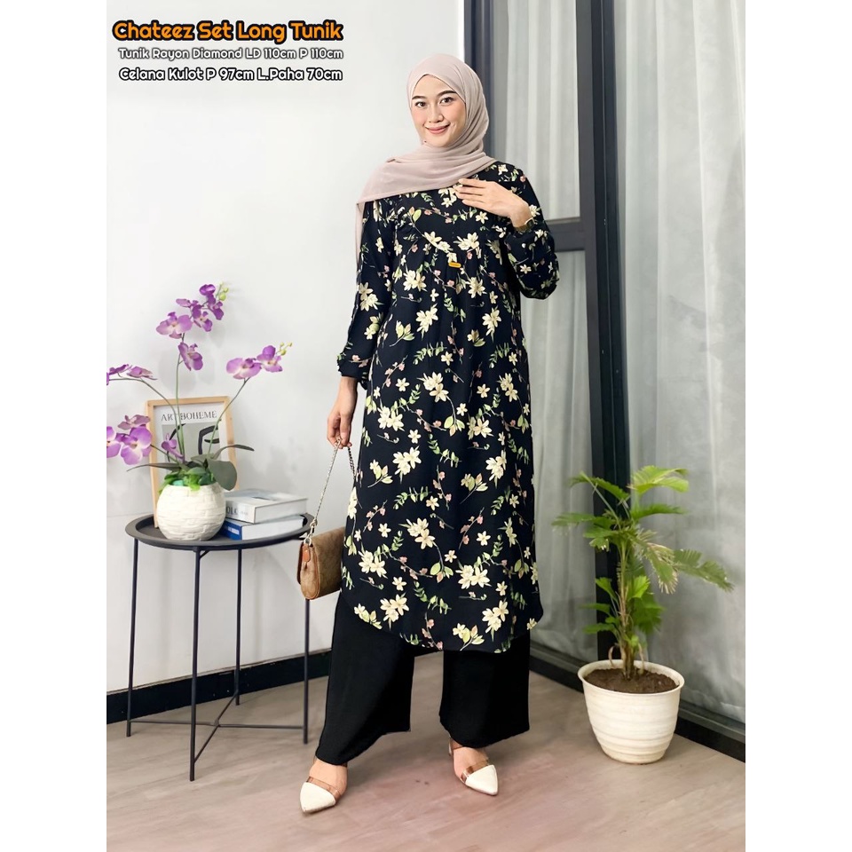 Chateez Set Long Tunik  - One Set Wanita Long Tunik Rayon Diamond Premium Setelan Wanita Kekinian Ru