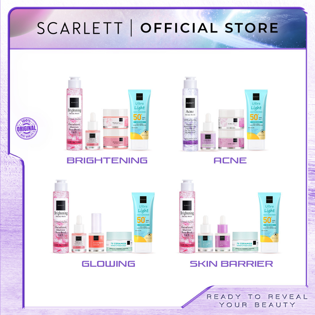 Scarlett Whitening 5Pcs Facial Wash Serum Moisturizer Ultra Light Daily Sunscreen Brightening Acne G
