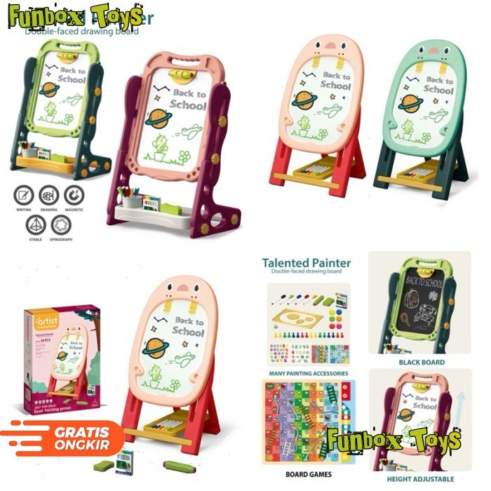 

Papan Tulis Anak Magnetic 2 in 1 Height Adjustable (White Board dan Black Board) Talented Painter Artist Double Faced Easel Drawing Board FREE board games dan aksesoris menulis Mainan Edukasi Education Toy - Animal Pink