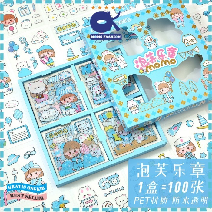 

(SBT) Stiker 100 Lembar Momo Sticker Waterproof Anti Air Kartun Lucu Korea - Biru