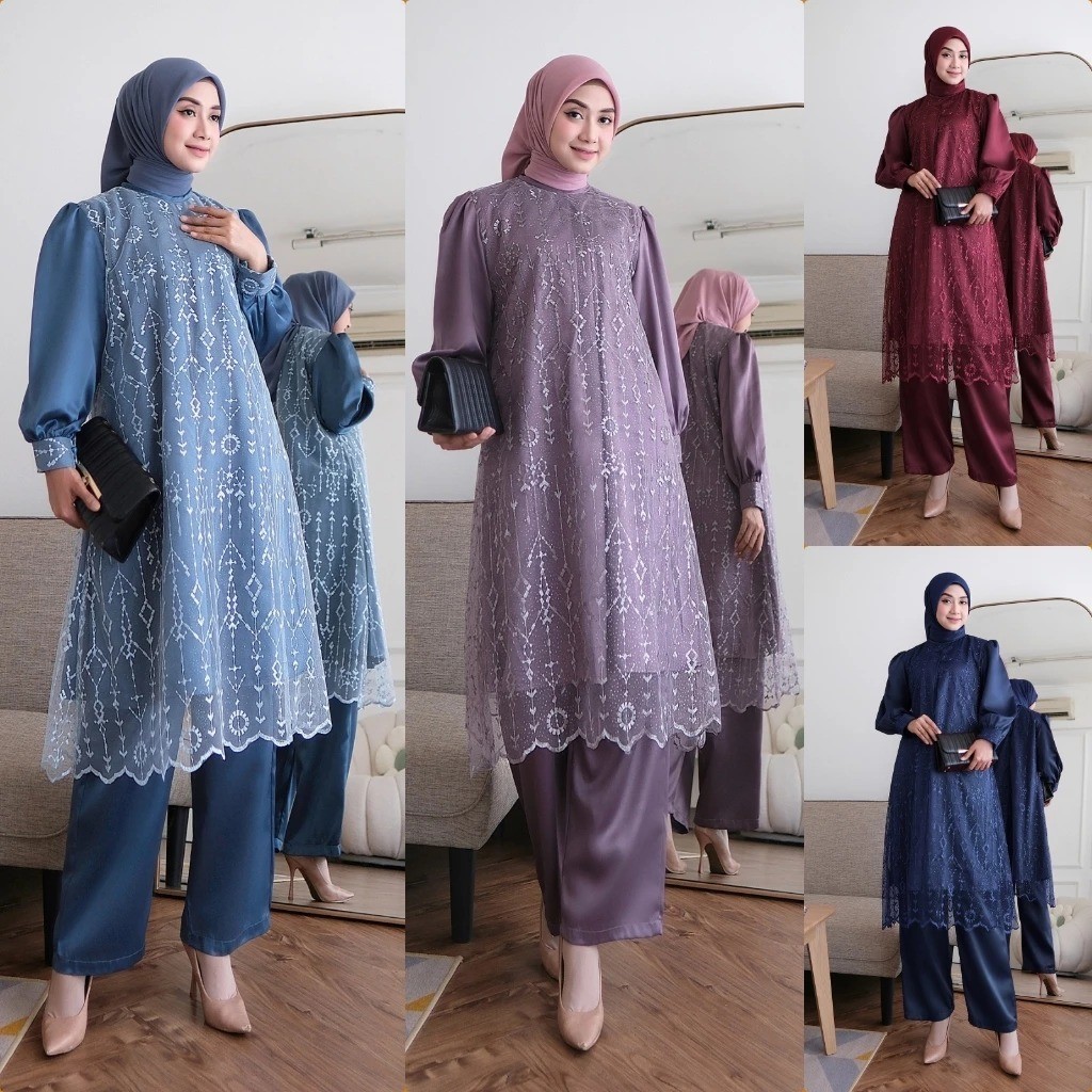 LAURA SET ATASAN BRUKAT PLUS BAWAHAN CELANA BAHAN SILK PREMIUM BAJU SET KONDANGAN BRUKAT SIMPLE MODI