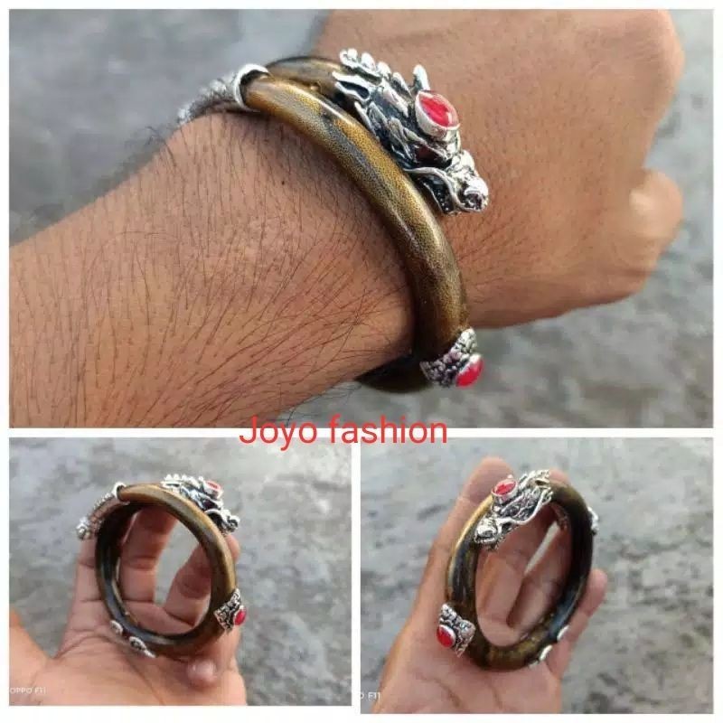 GELANG AKAR BAHAR KUNING EMAS VARIASI NAGA PERAK BERMAHKOTA BATU MARJAN