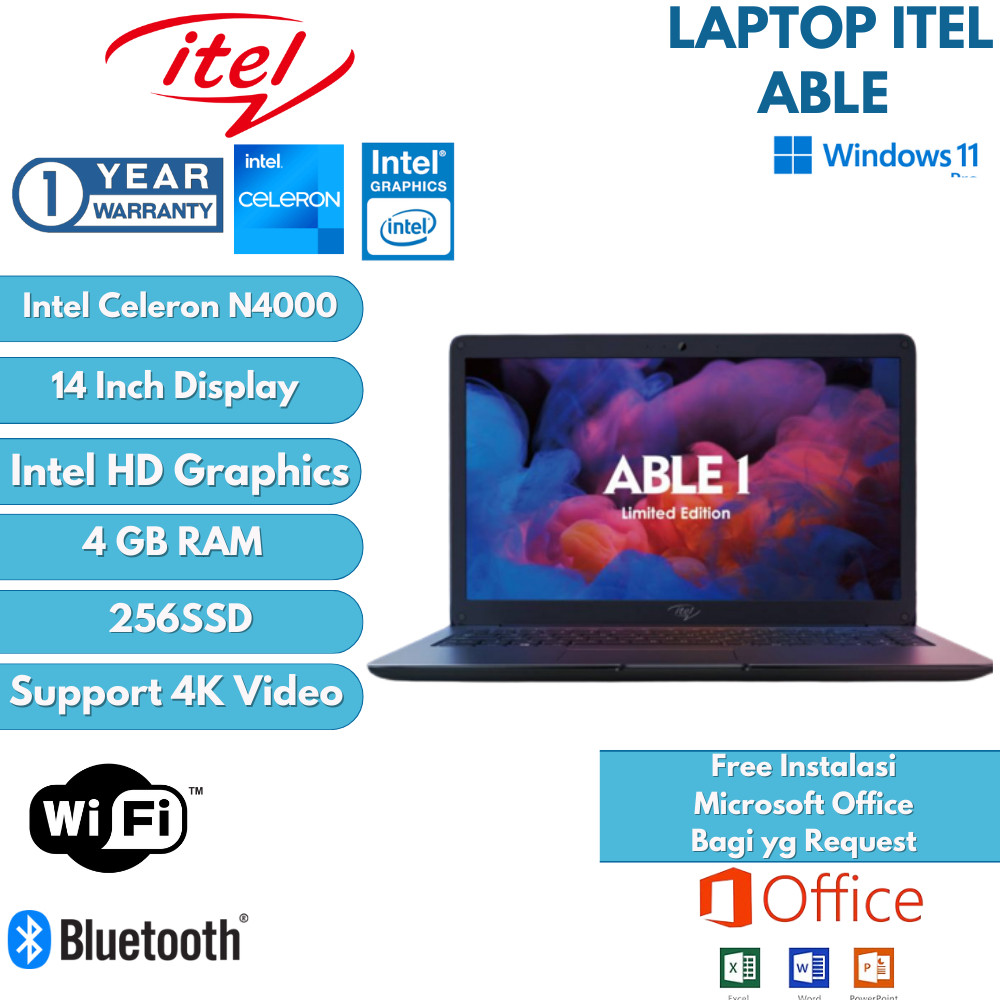 Laptop Murah itel Able1 Celeron N4120 8GB RAM + 256SSD 14 inch Windows 11 Pro WIFI/Bluetooth