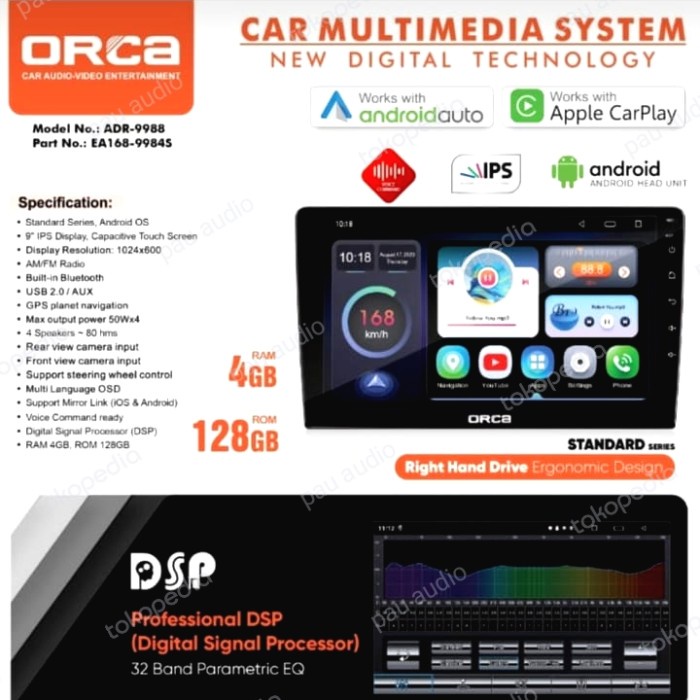 head unit android 9 inch orca standard series ram 4/64gb