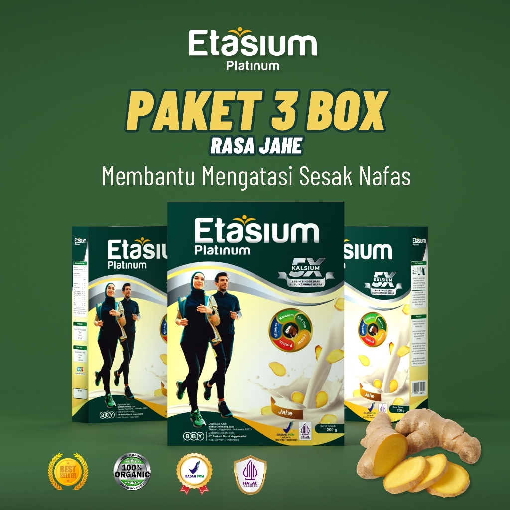 

[3 Box] Susu Kambing Etasium Platinum Jahe Untuk Atasi Asma,ISPA, Gangguan Pernapasan | Minuman Susu Kalsium Tinggi Rasa Enak Tidak Prengus | Bubuk 200g