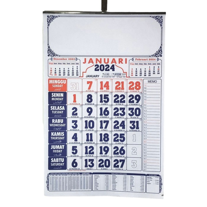 Kalender Dinding Lengkap tahun 2024 Jadwal Sholat Bahan HVS 32x48cm