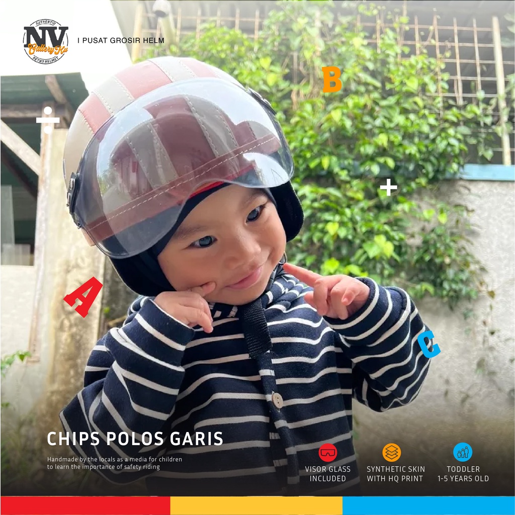 HELM ANAK RETRO 1 2 3 4 5 TAHUN KULIT PREMIUM POLOS GARIS CHIPS JUNIOR KACA RIBEN
