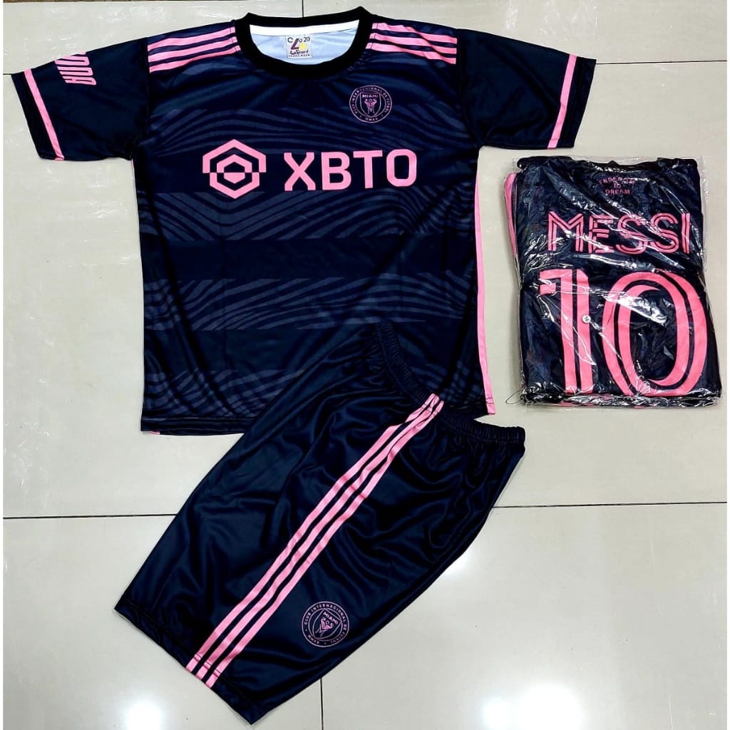 Setelan Jersey Bola Futsal InterMiami Pink Hitam Sablon Nama Messi Untuk Anak Pria Wanita Usia 2-14 