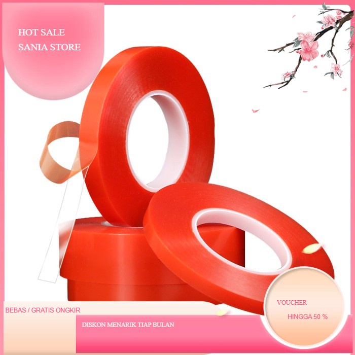 

DOUBLE TAPE BENING 8MM*3M PEREKAT 0.8CM CLEAR TRANSPARAN DOBEL TIP - KULIT MERAH
