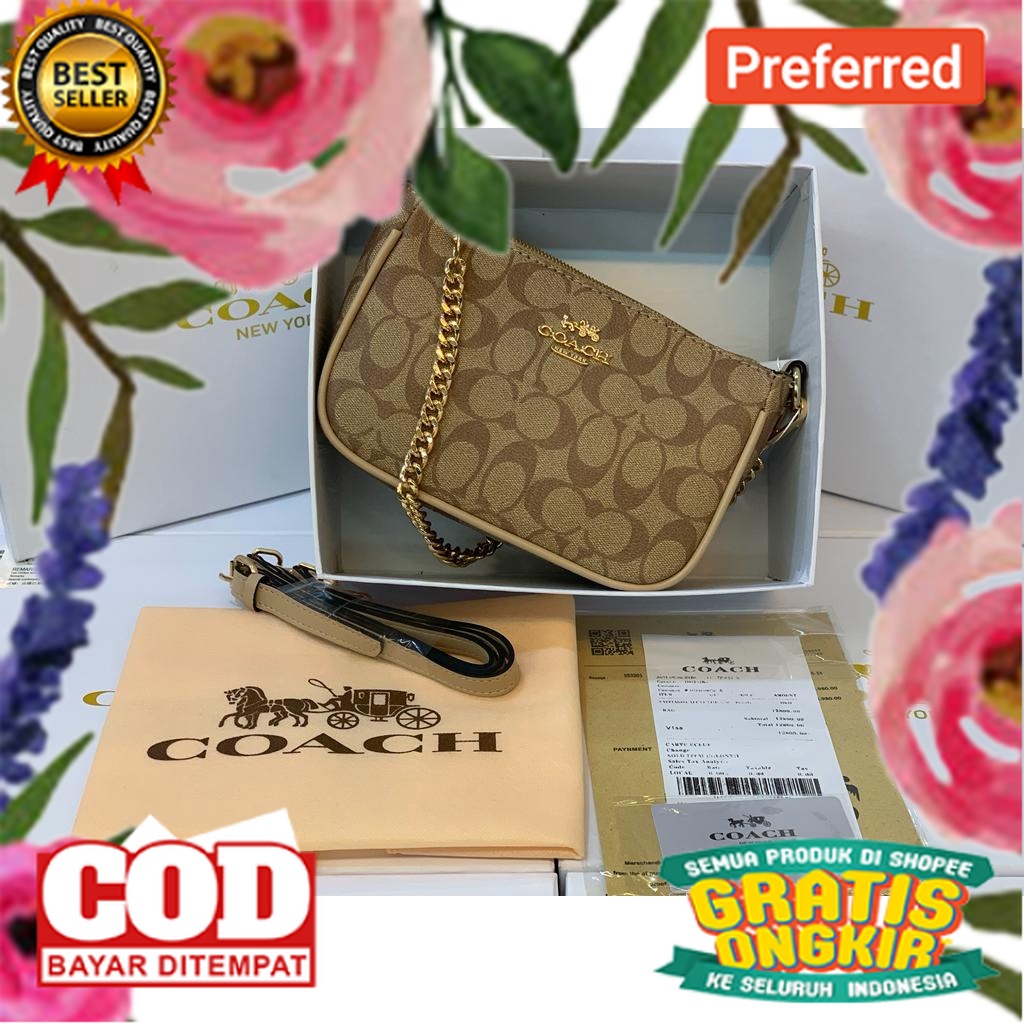 [FREE BOX] CO@CH TOP HANDLE POUCH IN SIGNATURE - COACH// TAS SLEMPANG . TAS WANITA / TAS KANTOR / TA