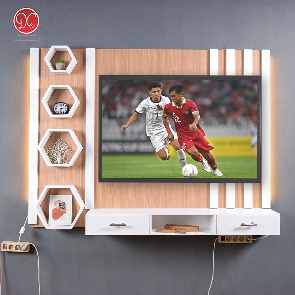 Dections Backdrop TV Dinding Minimalis 160x120cm Dengan Rak Hexagonal dan Laci Tempel Dinding