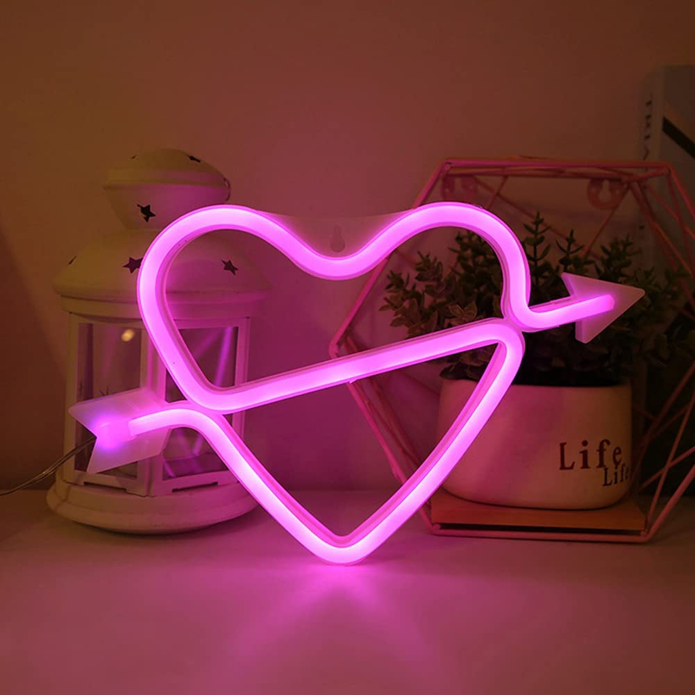 Lampu Neon Bentuk Cupid Heart / Hati Terpanah Neon LED Sign Light - Dekorasi Kamar Lampu Tidur Aesth