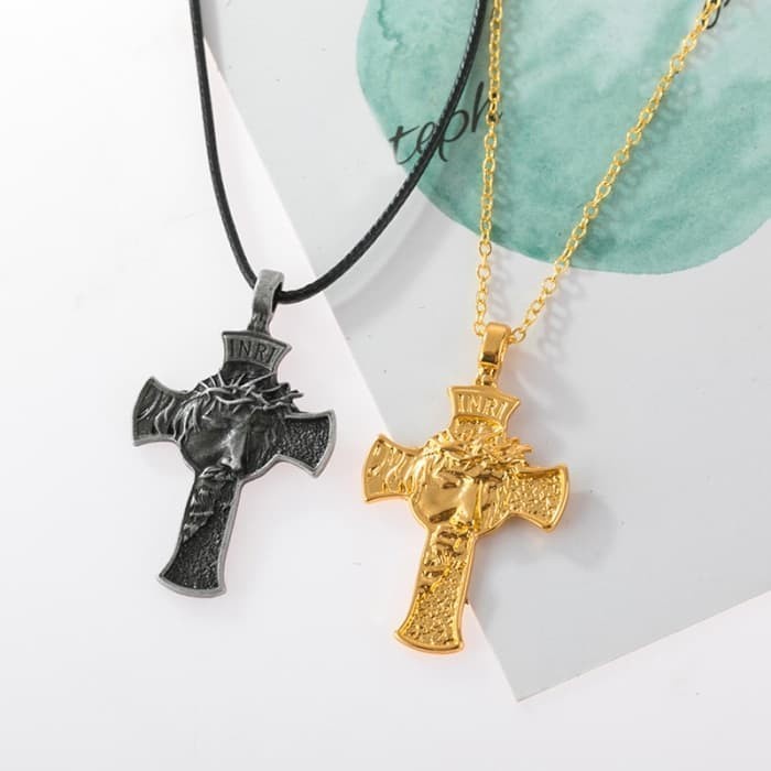 Kalung Salib Yesus Kristus INRI Pria Wanita/ Liontin Wajah Yesus Mahkota Duri/ Kalung Tali Hitam & R