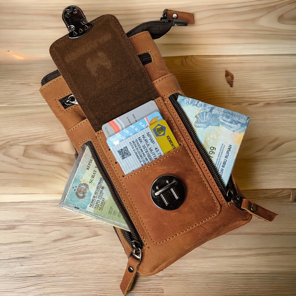 cuci gudang (mountclass) waistbag kulit sapi asli tas selempang kulit mini smartphone tas hp