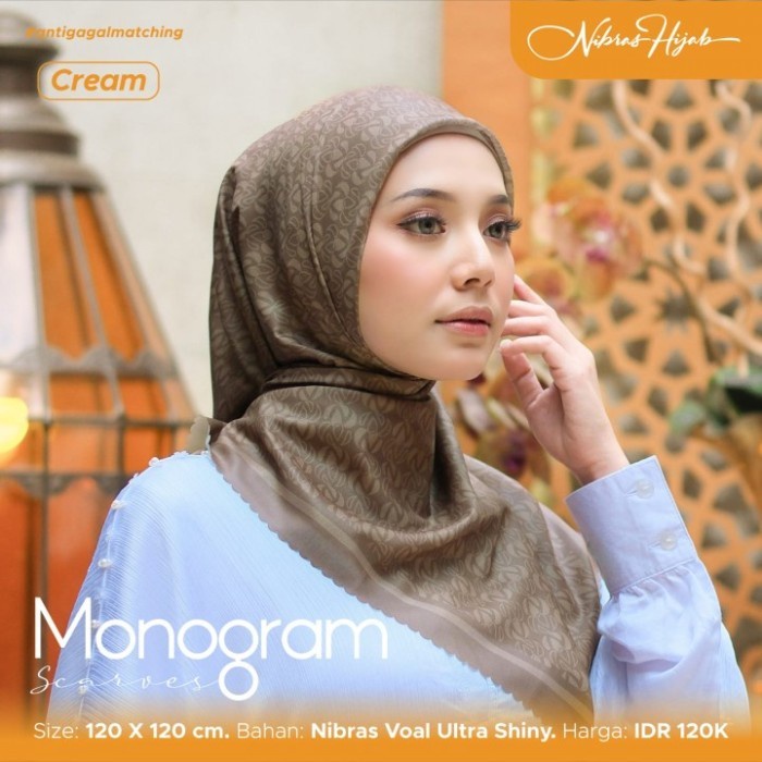 Nibras Hijab Twotone Monogram Scarf Warna Orange Segiempat Voal Motif - Orange