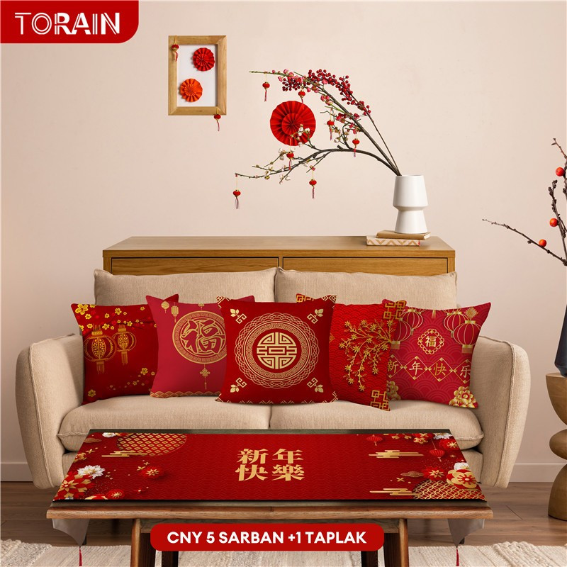 MU75 TORAIN Hari Raya Imlek Linen Sarung Bantal Sofa 40*40cm + Taplak Meja Dekorasi CNY Rumah 6 Buah