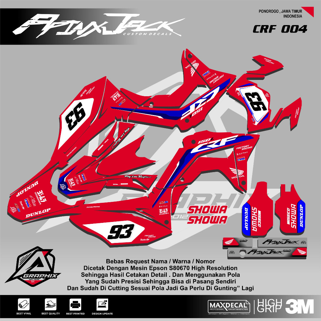 DECAL CRF MERAH /STICKER CRF MOTIF ORI /DECAL CRF SUPERMOTO TERBARU