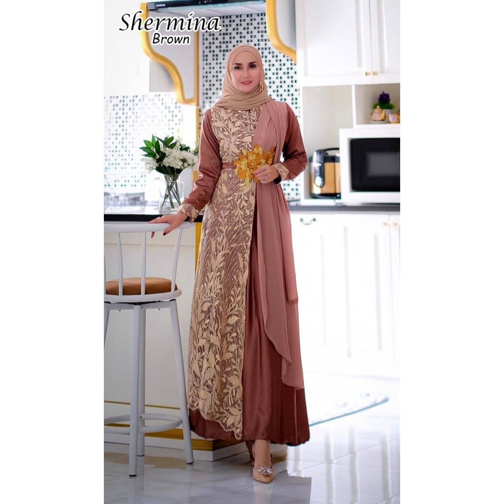 NEW -MAXI SHERMINA syari GAMIS Cantik pesta lebaran SERAGAM Muslim JUMBO - Dusty