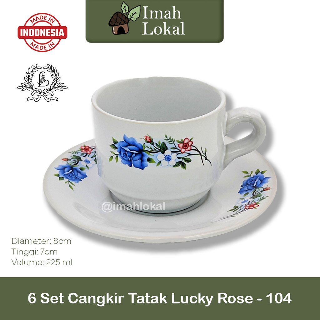 6 Set Cangkir Rose Biru Keramik Lucky Gelas Cafe Kopi Teh + Pisin Tatakan - 58104