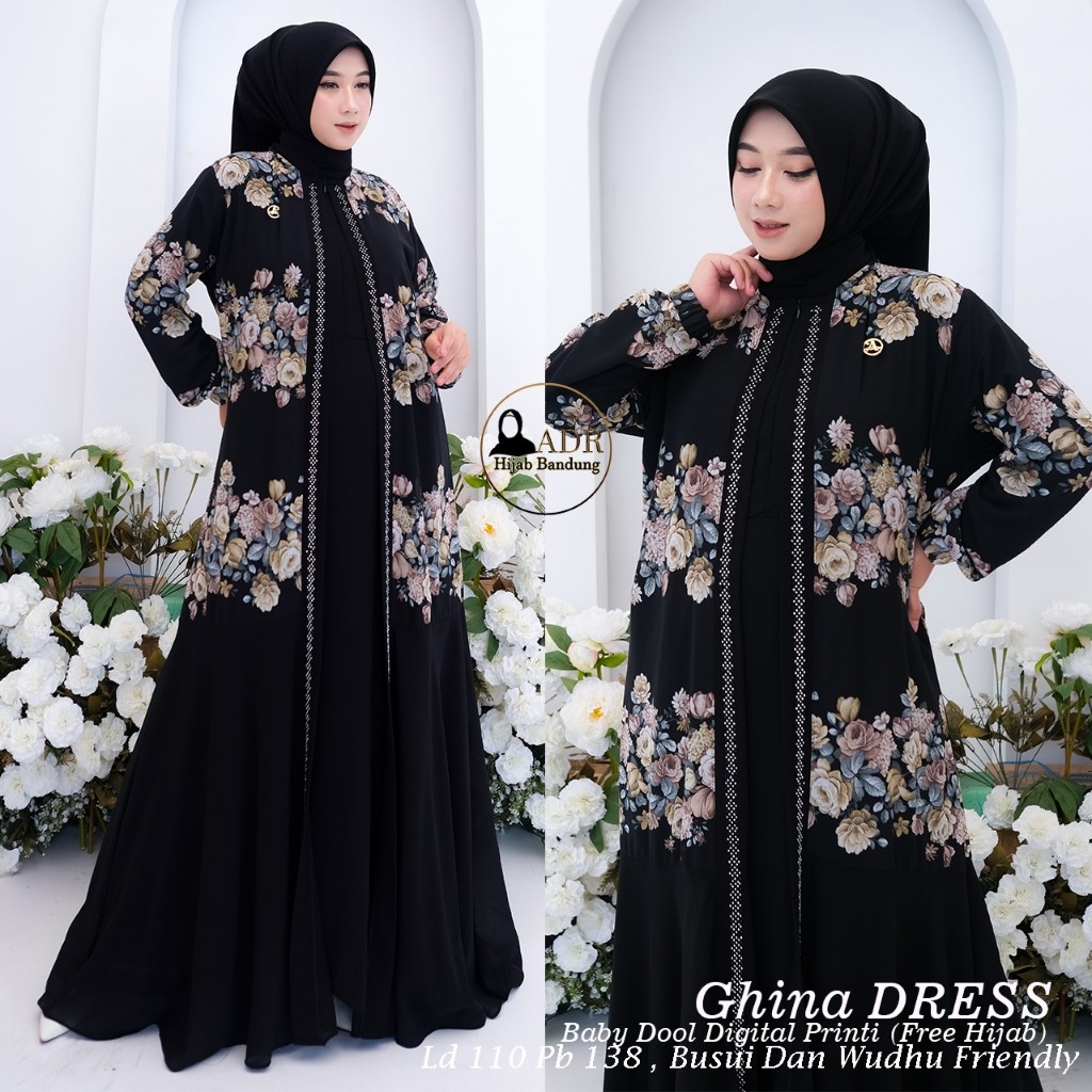 GN68KY Dress Ghina Gamis Ceruty  Mix Ceruty Print Full Furing Busui dan Wudhu Friendly Kerudung Segi