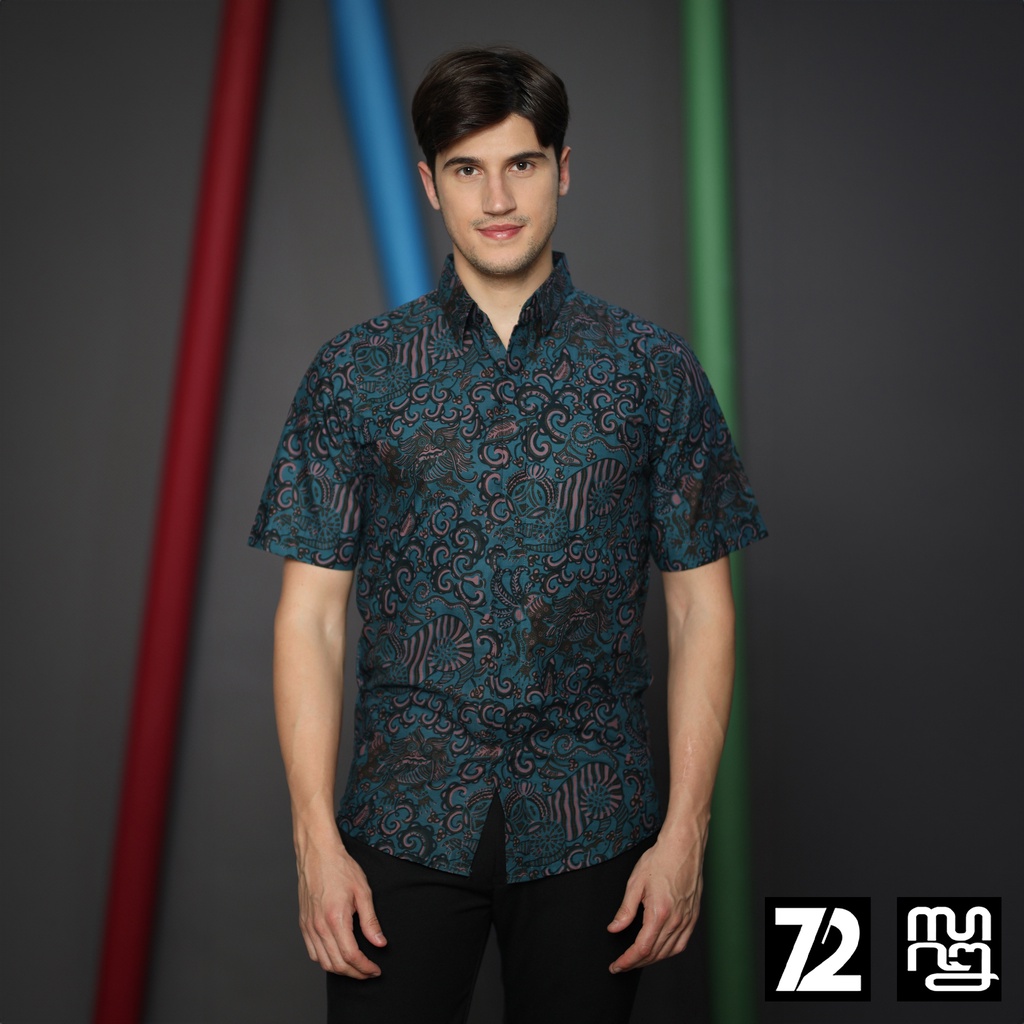 BAJU BATIK PRIA Kemeja Lengan Pendek Slimfit Premium Balian Biru Aqua Tosca Toska 724077 Cap 72 - Ba