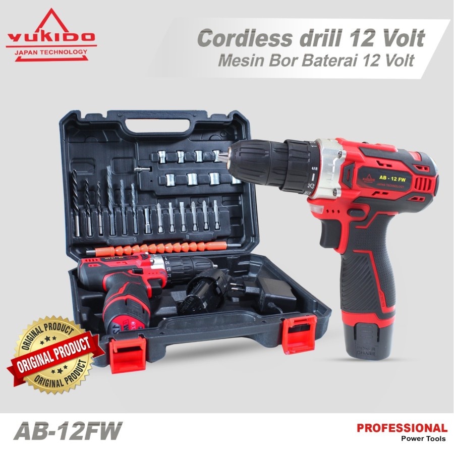GARANSI YUKIDO Red 12V 36V  Mesin Bor Cordless bor listrik 2 baterai set - 12V  1Baterai BOR TAMPA K