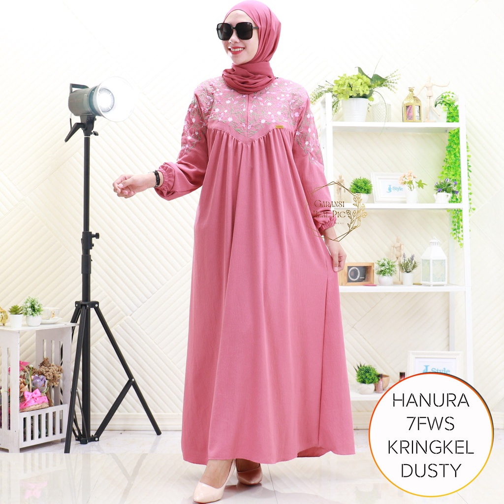 Gamis Crinkle Bordir Bunga Timbul Busui Friendly Hanura