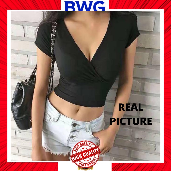 KOREAN SEXY CROP TOP VNECK TOP KOREA BAJU KOREA ATASAN WANITA SLIMFIT - Black, XS