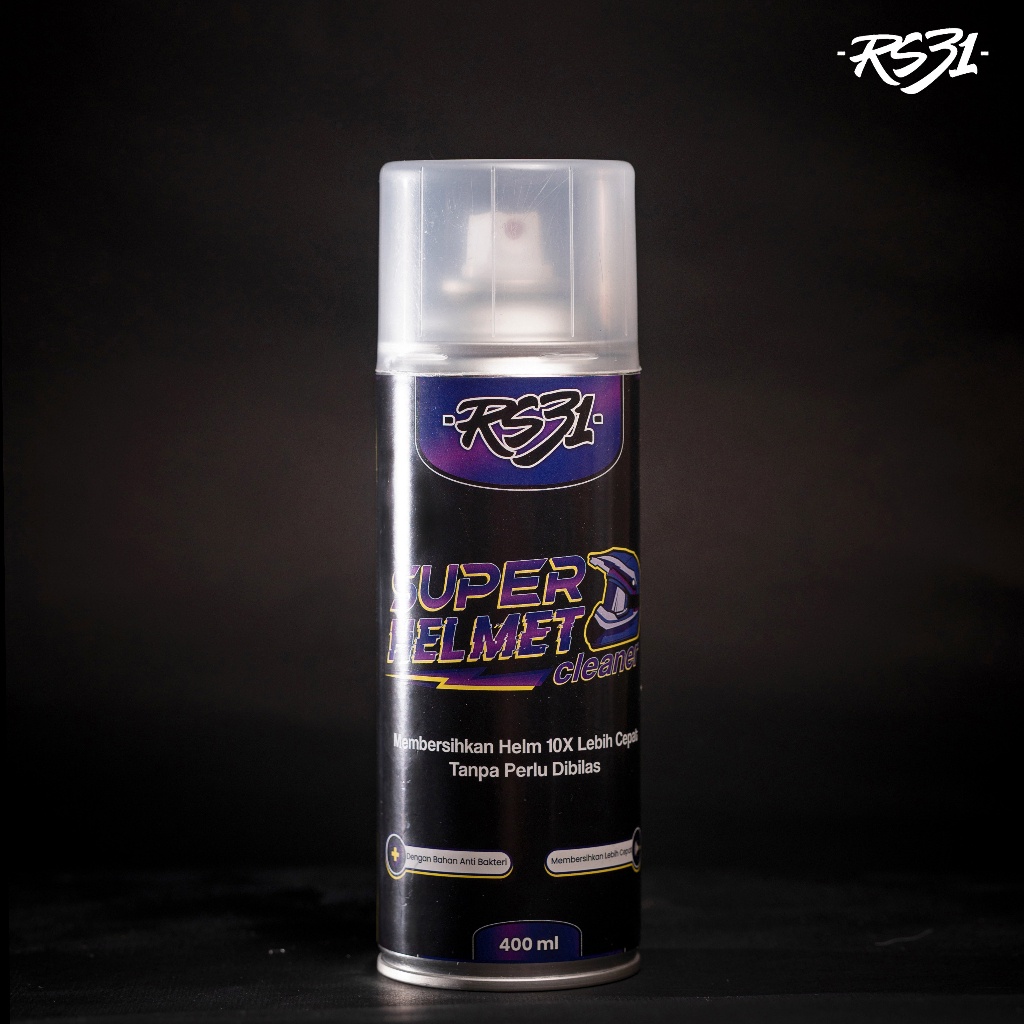 RS31 Super Helmet Cleaner, Foam Cairan Pembersih Helm Motor Doff, Glossy, Leather  | Sabun Cuci dan Shampoo Perawatan Helm dan Kaca Visor Bening, Dark Smoke,  Praktis Tanpa Dibilas | Penghilang Bau Apek/Tidak Sedap, Anti Jamur dan Anti Bakteri