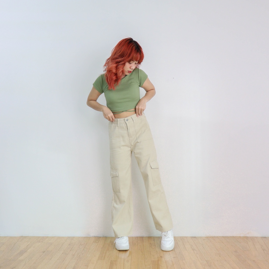 X56 Cream - Women Cargo Pants Celana Panjang Wanita Cargo Polos Warna Cream
