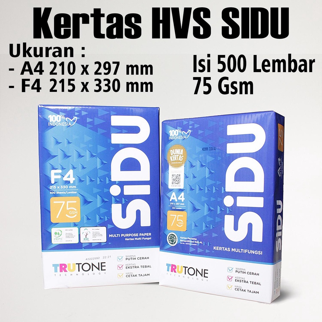 

Kertas HVS A4 - Kertas HVS F4 75 Gsm SIDU Sinar Dunia / Ketas Fotocopy - 1 RIM Isi 500 Lembar - Master Pack Indonesia Bogor