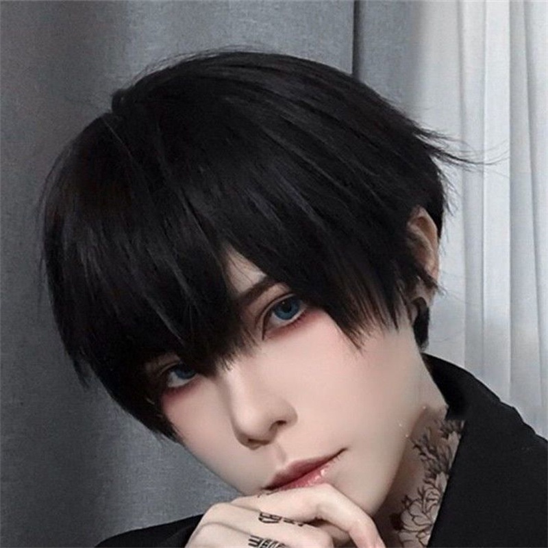 Wig Pria Hitam Pendek Lurus Topi Poni Miring Versi Korea Rambut Pendek Pria Tampan Kepala Penuh