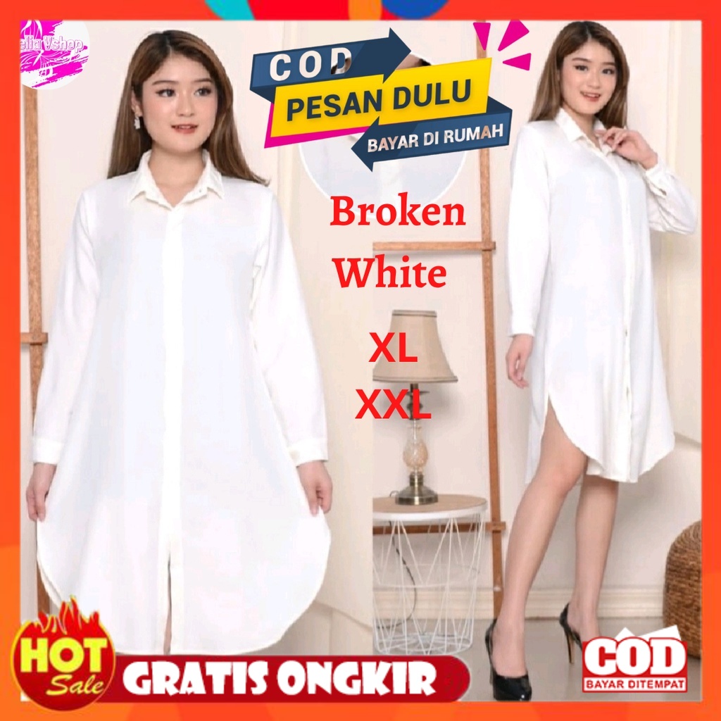 KAIN ADEM HALUS TEBAL / Amelia Baju Long Dress Kemeja Tunik Wanita  Putih Polos Jumbo Casual Kasual 
