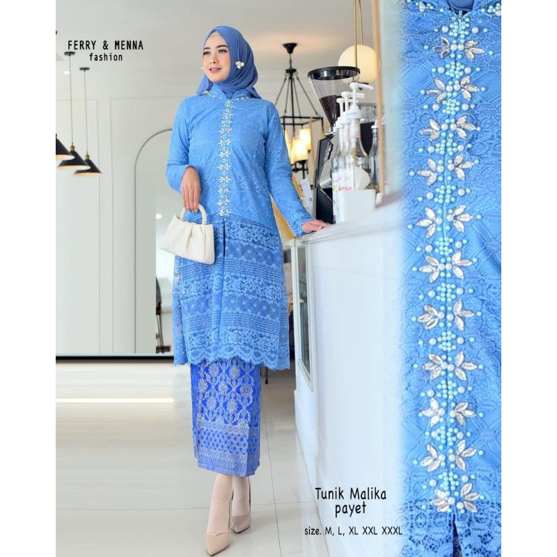 Denim | Setelan Tunik Brokat Malikat Payet Busui Friendly | Setelan kebaya Warna Denim | Kebaya Mode