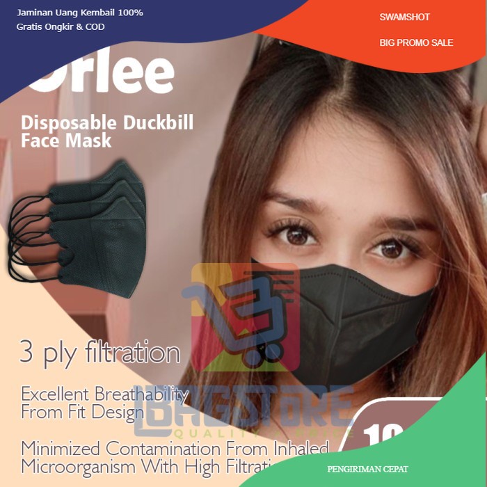 Masker Duckbill 3D Embos Orlee 3 Ply 3Ply Earloop Kemenkes isi 10 pcs - Hitam