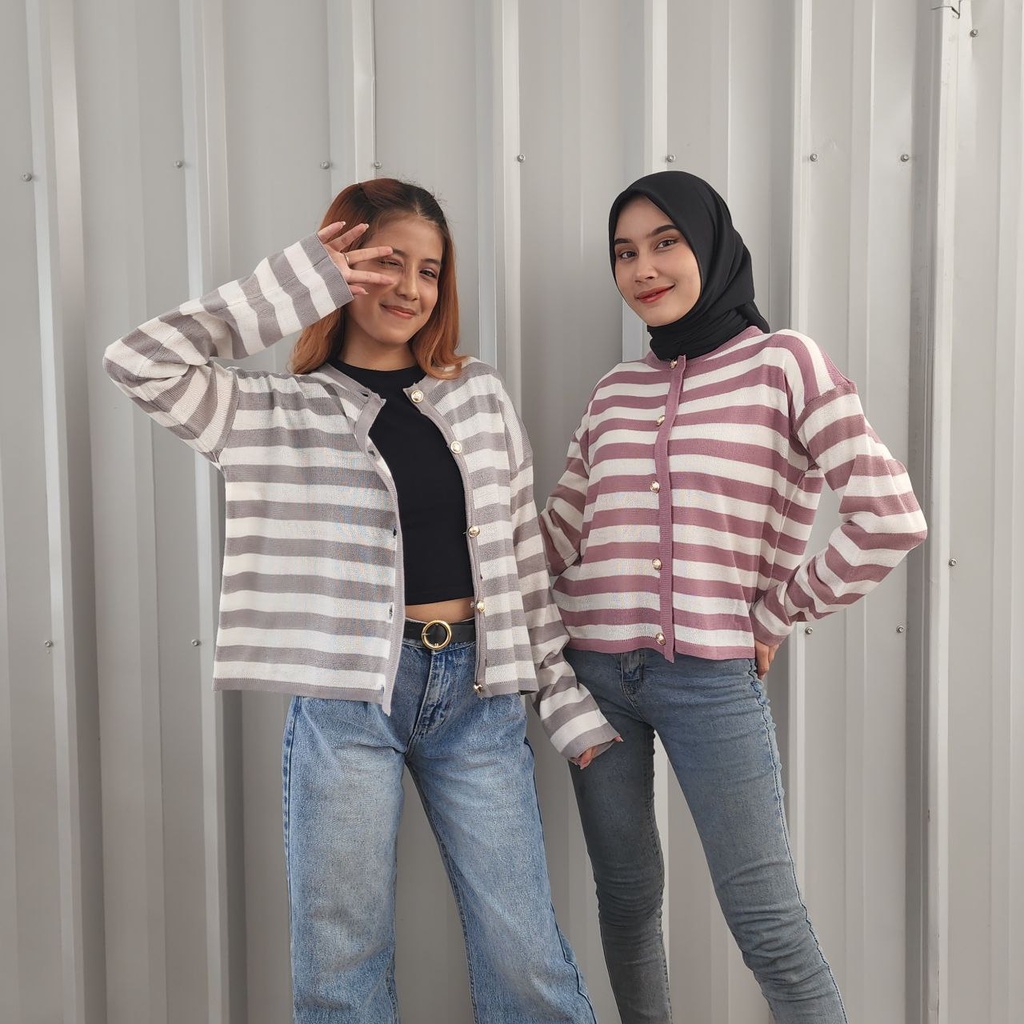 NOUSKA - GLOW BLASTER OUTER CARDIGAN Rajut Wanita Korea Motif Garis Belang Korean Style