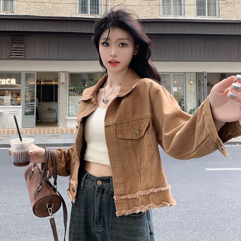 Retro short loose jacket top slim fit denim jacket for women