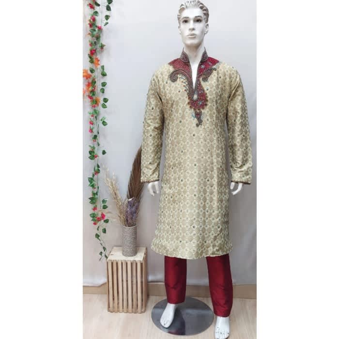 Sherwani (Baju Pria) India Bahan Katun Jute dgn bordiran