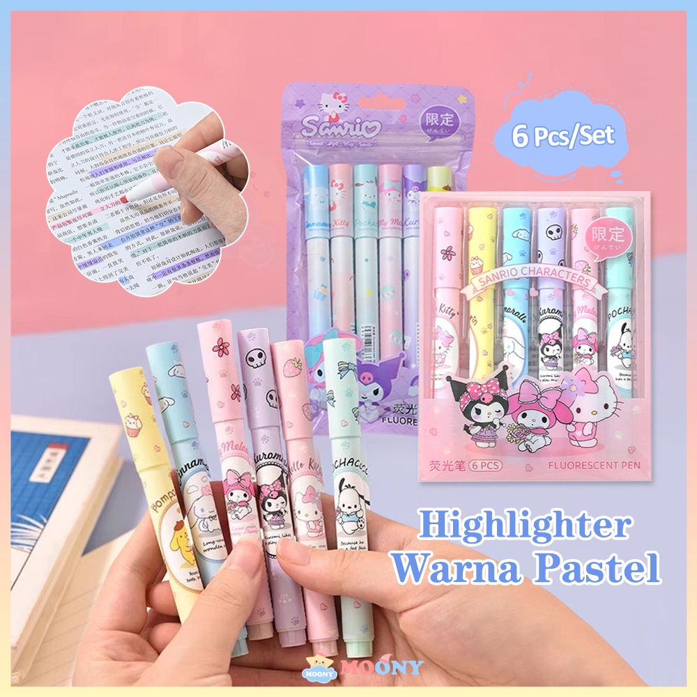 

Moony Set highlighter stabillo 6 pcs Highlighter warna pastel Sanrio stabilo set