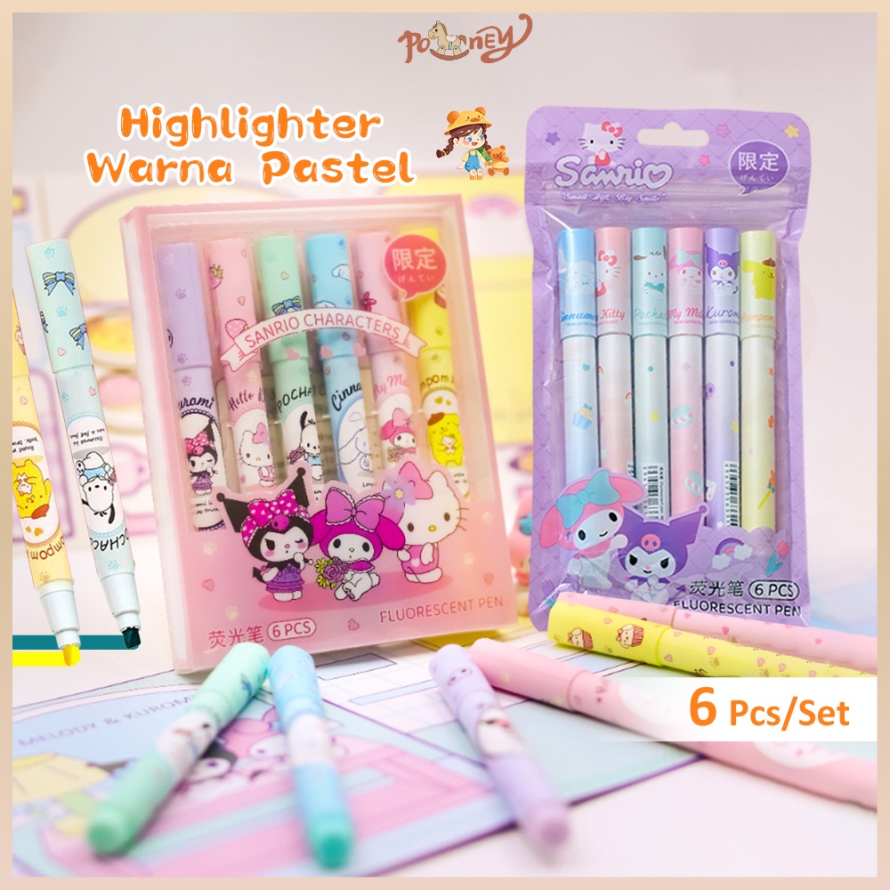 

Poney Set highlighter pen warna 6 pcs Stabillo warna warni set sanrio Stabilo penanda pewarna lucu