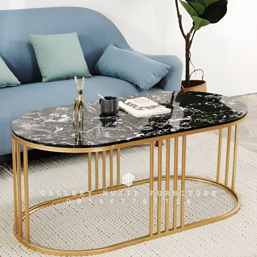 Meja Tamu Marmer Oval, Meja Tamu Besi Top Marmer Minimalis - marmer hitam 120x50 cm