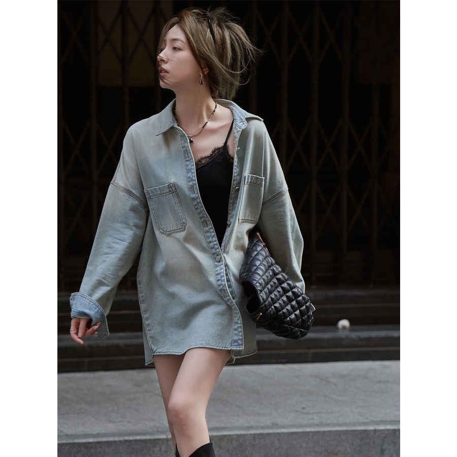 Retro style gradient distressed denim shirt women's jacket jacket jacket