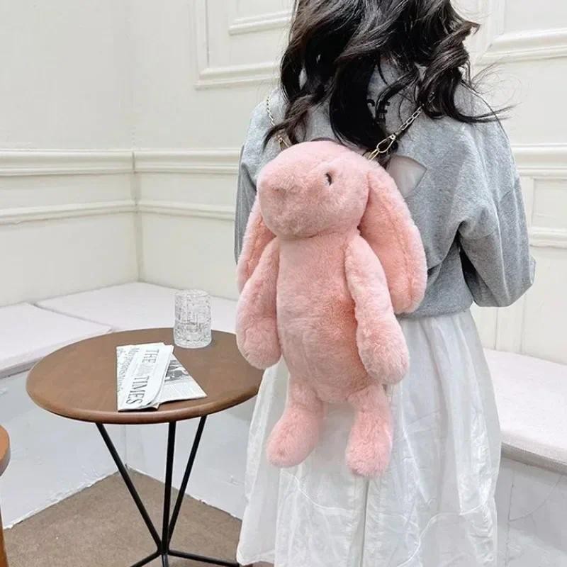 Long Ear Rabbit Doll Fashion Imitation Rex Rabbit Fur Bag Plush Backpack Chain Strap Children's Bag 