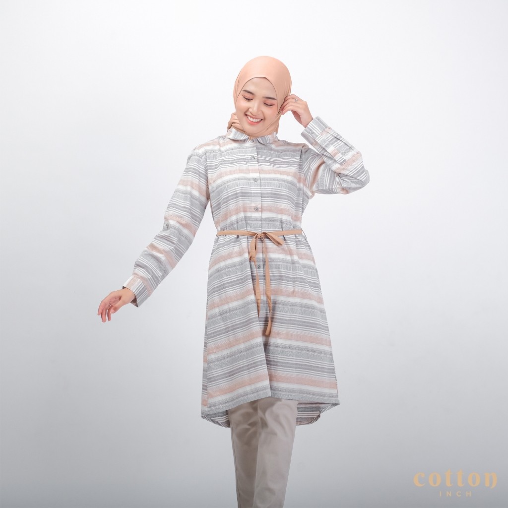 Baju lebaran murah tunik cantik kekinian / Cotton Inch - Ayuda Tunik Dress Motif Garis tali pinggang
