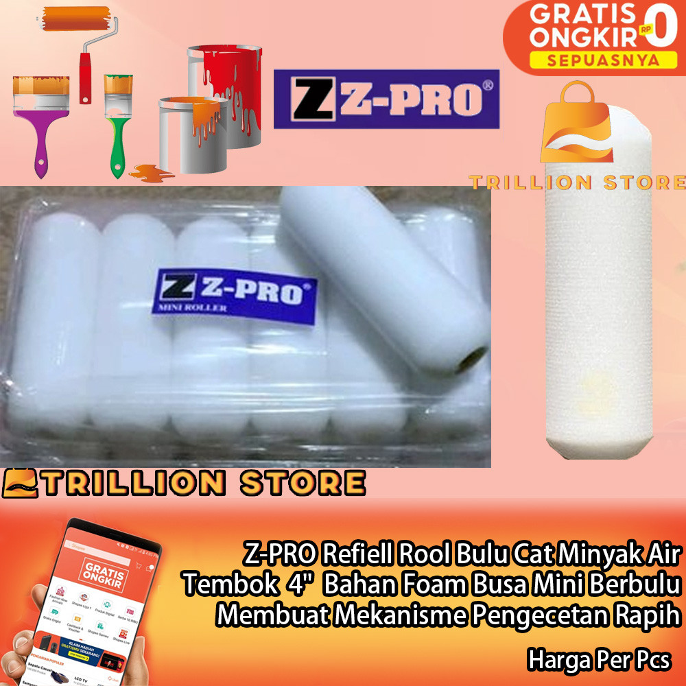 Z-PRO Refill Isi Ulang Busa Roll Bulu Kecil Isi Rol Cat Dasar Minyak Air pengecatan Kuas Bahan Busa 