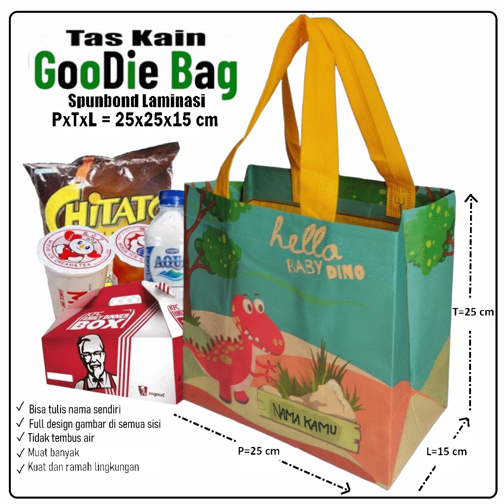 

1 Lusinan isi 12 pcs Tas Spunbond Goodie Bag Anti Air Motif karakter sablon Dinosaurus Ukuran PxTxL 25x25x15 cm Untuk Bingkisan Snack Ulang tahun anak perempuan laki laki, Nasi Kotak Hampers Ultah / Souvenir Tasyakuran Khitanan / Bekal SantunanTAS ULTAH T