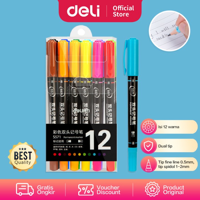 

[Best Seller] Deli Fine Liner / Spidol Berwarna Dual Tip 0.5-1.0mm Isi 12Warna S571